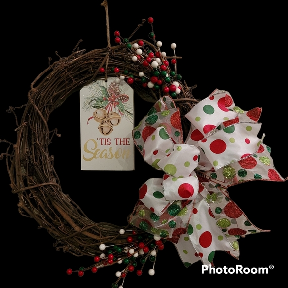 Grapevine Christmas Wreath,  'Tis the Season Wreath, Bow Ribbon Wreath - Picture 2 of 3